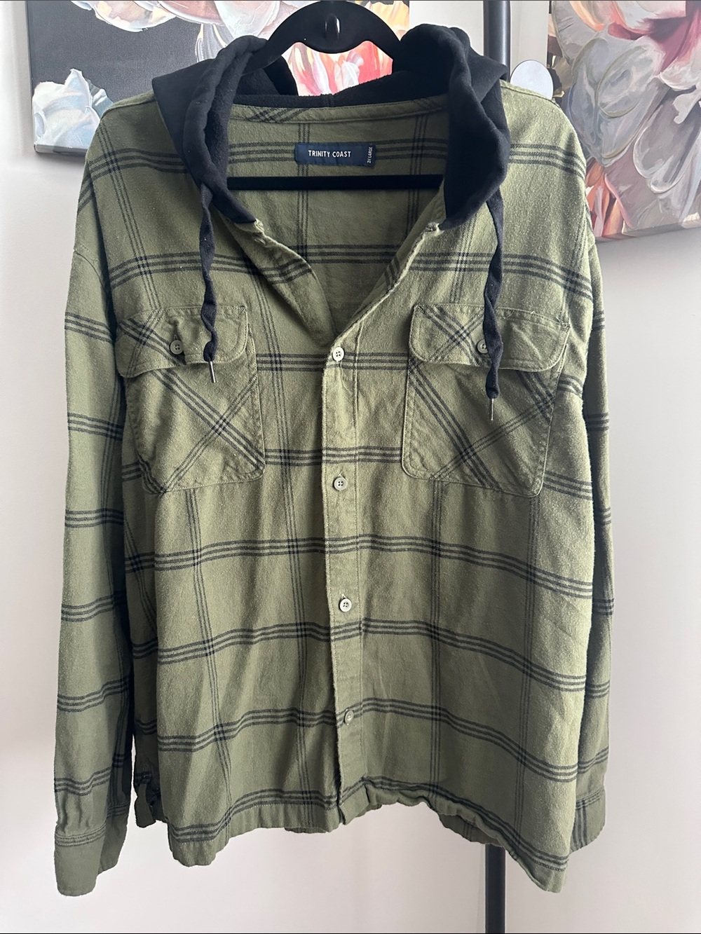 Trinity Olive Plaid Flannel Shirt Jacket with Black Hood